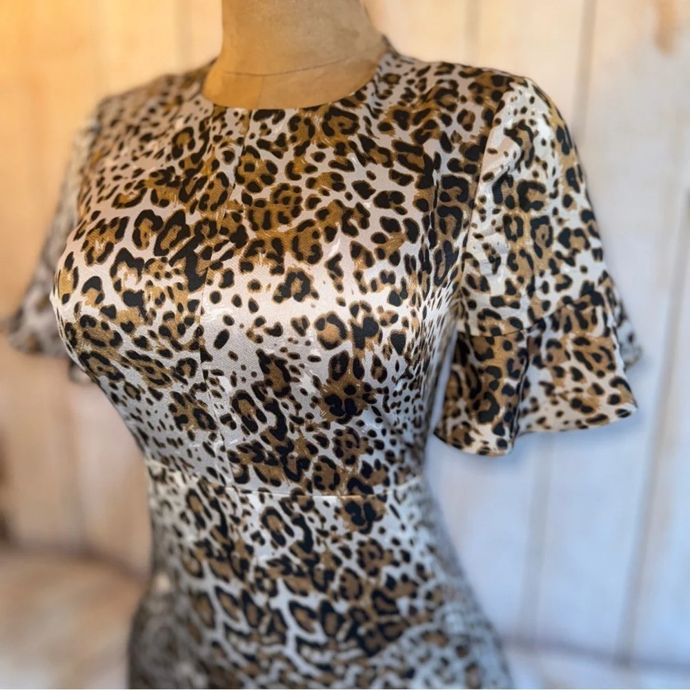 Banana Republic Black and tan leopard/ cheetah animal print Sheath Dress, satin - Picture 3 of 9